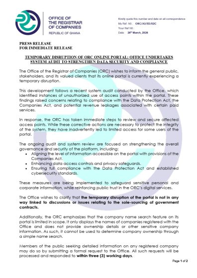 Temporary Disruption Of ORC Online Portal: Office Undertakes System Audit To Strengthen Data Security And Compliance