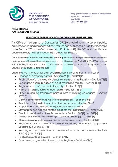 Companies Bulletin Remains Official Platform For Statutory Notices – ORC